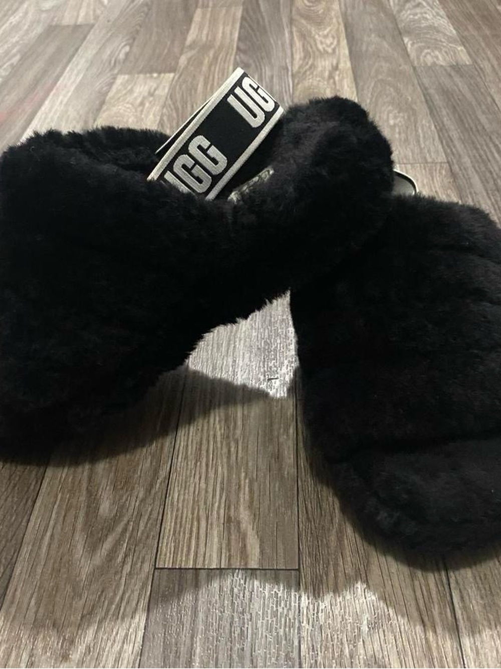 UGG Black Fluff Logo Backstrap Slides